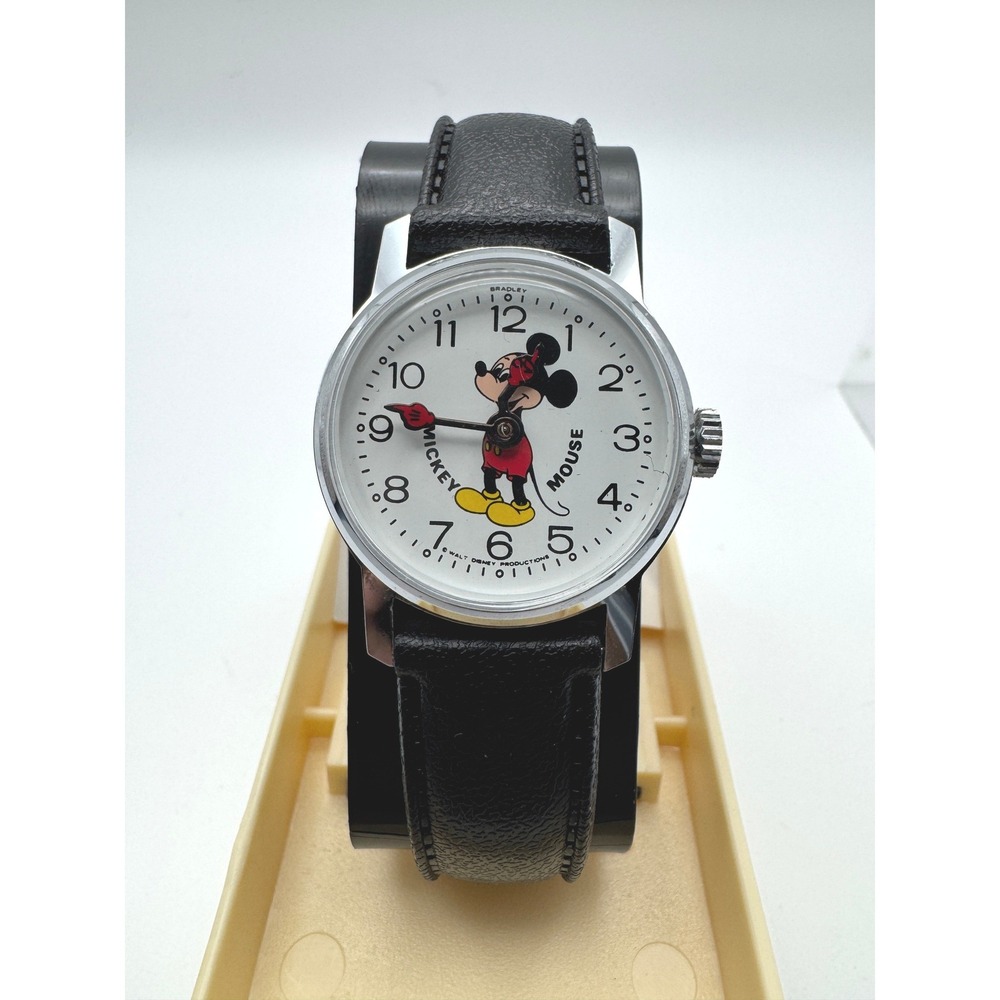 Vintage Mickey Mouse Wrist Watch Bradley‎ Time Division Black Leather Strap